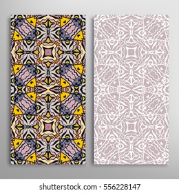 Vertical seamless patterns set, floral geometric lace texture for Wedding, Valentine's day, greeting cards or Birthday Invitations. Decorative seamless backgrounds. Ethnic ornament, border pattern