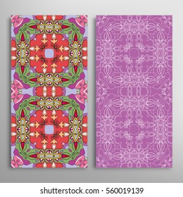 Vertical seamless patterns set, floral geometric lace texture for Wedding, Valentine's day, greeting cards or Birthday Invitations. Decorative seamless backgrounds. Ethnic ornament, border pattern