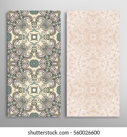 Vertical seamless patterns set, floral geometric lace texture for Wedding, Valentine's day, greeting cards or Birthday Invitations. Decorative seamless backgrounds. Ethnic ornament, border pattern