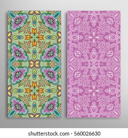 Vertical seamless patterns set, floral geometric lace texture for Wedding, Valentine's day, greeting cards or Birthday Invitations. Decorative seamless backgrounds. Ethnic ornament, border pattern