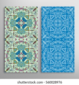Vertical seamless patterns set, floral geometric lace texture for Wedding, Valentine's day, greeting cards or Birthday Invitations. Decorative seamless backgrounds. Ethnic ornament, border pattern