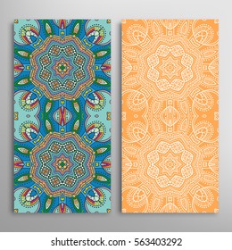 Vertical seamless patterns set, floral geometric lace texture for Wedding, Valentine's day, greeting cards or Birthday Invitations. Decorative seamless backgrounds. Ethnic ornament, border pattern