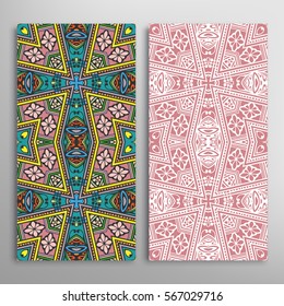 Vertical seamless patterns set, floral geometric lace texture for Wedding, Valentine's day, greeting cards or Birthday Invitations. Decorative seamless backgrounds. Ethnic ornament, border pattern