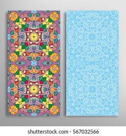 Vertical seamless patterns set, floral geometric lace texture for Wedding, Valentine's day, greeting cards or Birthday Invitations. Decorative seamless backgrounds. Ethnic ornament, border pattern