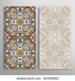 Vertical seamless patterns set, floral geometric lace texture for Wedding, Valentine's day, greeting cards or Birthday Invitations. Decorative seamless backgrounds. Ethnic ornament, border pattern