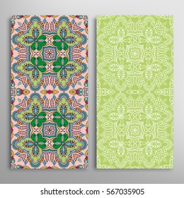 Vertical seamless patterns set, floral geometric lace texture for Wedding, Valentine's day, greeting cards or Birthday Invitations. Decorative seamless backgrounds. Ethnic ornament, border pattern