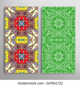 Vertical seamless patterns set, floral geometric lace texture for Wedding, Valentine's day, greeting cards or Birthday Invitations. Decorative seamless backgrounds. Ethnic ornament, border pattern