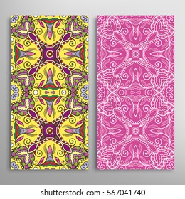 Vertical seamless patterns set, floral geometric lace texture for Wedding, Valentine's day, greeting cards or Birthday Invitations. Decorative seamless backgrounds. Ethnic ornament, border pattern