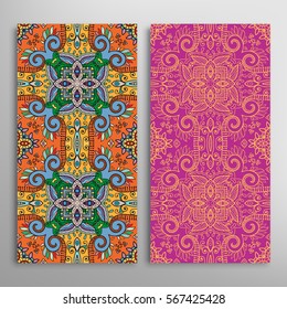 Vertical seamless patterns set, floral geometric lace texture for Wedding, Valentine's day, greeting cards or Birthday Invitations. Decorative seamless backgrounds. Ethnic ornament, border pattern
