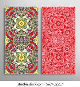 Vertical seamless patterns set, floral geometric lace texture for Wedding, Valentine's day, greeting cards or Birthday Invitations. Decorative seamless backgrounds. Ethnic ornament, border pattern