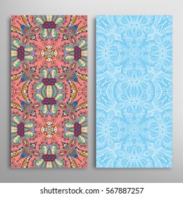 Vertical seamless patterns set, floral geometric lace texture for Wedding, Valentine's day, greeting cards or Birthday Invitations. Decorative seamless backgrounds. Ethnic ornament, border pattern