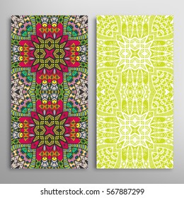 Vertical seamless patterns set, floral geometric lace texture for Wedding, Valentine's day, greeting cards or Birthday Invitations. Decorative seamless backgrounds. Ethnic ornament, border pattern