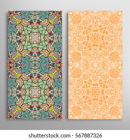 Vertical seamless patterns set, floral geometric lace texture for Wedding, Valentine's day, greeting cards or Birthday Invitations. Decorative seamless backgrounds. Ethnic ornament, border pattern
