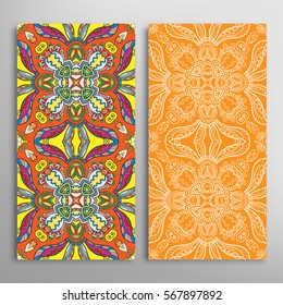 Vertical seamless patterns set, floral geometric lace texture for Wedding, Valentine's day, greeting cards or Birthday Invitations. Decorative seamless backgrounds. Ethnic ornament, border pattern