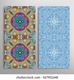 Vertical seamless patterns set, floral geometric lace texture for Wedding, Valentine's day, greeting cards or Birthday Invitations. Decorative seamless backgrounds. Ethnic ornament, border pattern