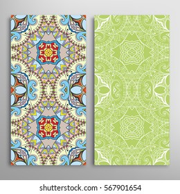 Vertical seamless patterns set, floral geometric lace texture for Wedding, Valentine's day, greeting cards or Birthday Invitations. Decorative seamless backgrounds. Ethnic ornament, border pattern
