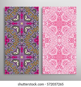 Vertical seamless patterns set, floral geometric lace texture for Wedding, Valentine's day, greeting cards or Birthday Invitations. Decorative seamless backgrounds. Ethnic ornament, border pattern