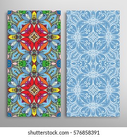 Vertical seamless patterns set, floral geometric lace texture for Wedding, Valentine's day, greeting cards or Birthday Invitations. Decorative seamless backgrounds. Ethnic ornament, border pattern