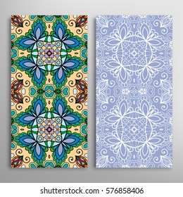 Vertical seamless patterns set, floral geometric lace texture for Wedding, Valentine's day, greeting cards or Birthday Invitations. Decorative seamless backgrounds. Ethnic ornament, border pattern