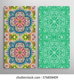 Vertical seamless patterns set, floral geometric lace texture for Wedding, Valentine's day, greeting cards or Birthday Invitations. Decorative seamless backgrounds. Ethnic ornament, border pattern