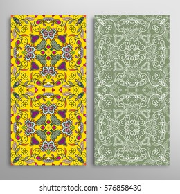 Vertical seamless patterns set, floral geometric lace texture for Wedding, Valentine's day, greeting cards or Birthday Invitations. Decorative seamless backgrounds. Ethnic ornament, border pattern