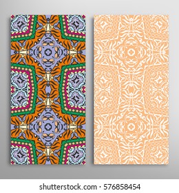 Vertical seamless patterns set, floral geometric lace texture for Wedding, Valentine's day, greeting cards or Birthday Invitations. Decorative seamless backgrounds. Ethnic ornament, border pattern