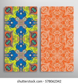 Vertical seamless patterns set, floral geometric lace texture for Wedding, Valentine's day, greeting cards or Birthday Invitations. Decorative seamless backgrounds. Ethnic ornament, border pattern