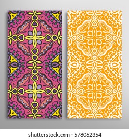 Vertical seamless patterns set, floral geometric lace texture for Wedding, Valentine's day, greeting cards or Birthday Invitations. Decorative seamless backgrounds. Ethnic ornament, border pattern