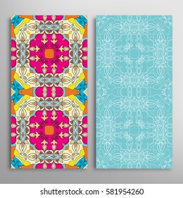 Vertical seamless patterns set, floral geometric lace texture for Wedding, Valentine's day, greeting cards or Birthday Invitations. Decorative seamless backgrounds. Ethnic ornament, border pattern