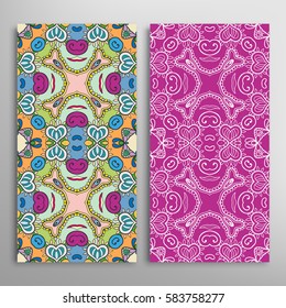 Vertical seamless patterns set, floral geometric lace texture for Wedding, Valentine's day, greeting cards or Birthday Invitations. Decorative seamless backgrounds. Ethnic ornament, border pattern