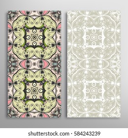 Vertical seamless patterns set, floral geometric lace texture for Wedding, Valentine's day, greeting cards or Birthday Invitations. Decorative seamless backgrounds. Ethnic ornament, border pattern