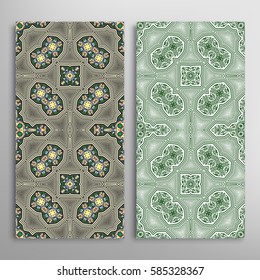 Vertical seamless patterns set, floral geometric lace texture for Wedding, Valentine's day, greeting cards or Birthday Invitations. Decorative seamless backgrounds. Ethnic ornament, border pattern