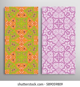 Vertical seamless patterns set, floral geometric lace texture for Wedding, Valentine's day, greeting cards or Birthday Invitations. Decorative seamless backgrounds. Ethnic ornament, border pattern