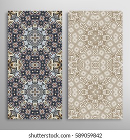 Vertical seamless patterns set, floral geometric lace texture for Wedding, Valentine's day, greeting cards or Birthday Invitations. Decorative seamless backgrounds. Ethnic ornament, border pattern