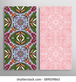 Vertical seamless patterns set, floral geometric lace texture for Wedding, Valentine's day, greeting cards or Birthday Invitations. Decorative seamless backgrounds. Ethnic ornament, border pattern