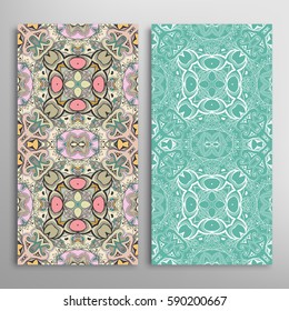Vertical seamless patterns set, floral geometric lace texture for Wedding, Valentine's day, greeting cards or Birthday Invitations. Decorative seamless backgrounds. Ethnic ornament, border pattern