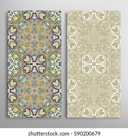 Vertical seamless patterns set, floral geometric lace texture for Wedding, Valentine's day, greeting cards or Birthday Invitations. Decorative seamless backgrounds. Ethnic ornament, border pattern