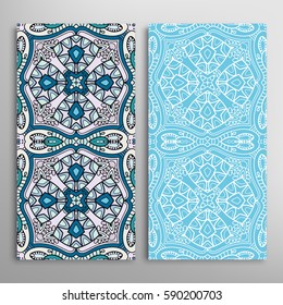 Vertical seamless patterns set, floral geometric lace texture for Wedding, Valentine's day, greeting cards or Birthday Invitations. Decorative seamless backgrounds. Ethnic ornament, border pattern