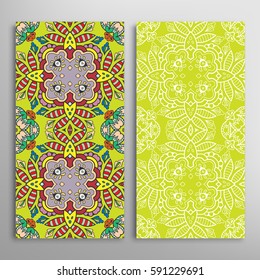 Vertical seamless patterns set, floral geometric lace texture for Wedding, Valentine's day, greeting cards or Birthday Invitations. Decorative seamless backgrounds. Ethnic ornament, border pattern