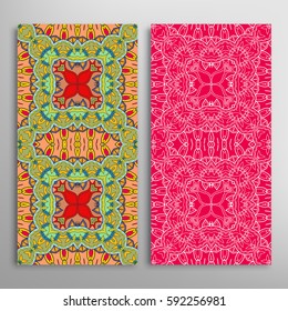Vertical seamless patterns set, floral geometric lace texture for Wedding, Valentine's day, greeting cards or Birthday Invitations. Decorative seamless backgrounds. Ethnic ornament, border pattern