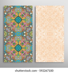 Vertical seamless patterns set, floral geometric lace texture for Wedding, Valentine's day, greeting cards or Birthday Invitations. Decorative seamless backgrounds. Ethnic ornament, border pattern