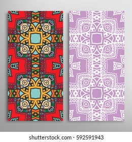 Vertical seamless patterns set, floral geometric lace texture for Wedding, Valentine's day, greeting cards or Birthday Invitations. Decorative seamless backgrounds. Ethnic ornament, border pattern
