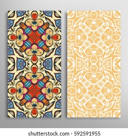 Vertical seamless patterns set, floral geometric lace texture for Wedding, Valentine's day, greeting cards or Birthday Invitations. Decorative seamless backgrounds. Ethnic ornament, border pattern