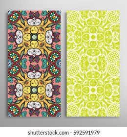 Vertical seamless patterns set, floral geometric lace texture for Wedding, Valentine's day, greeting cards or Birthday Invitations. Decorative seamless backgrounds. Ethnic ornament, border pattern