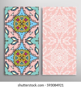Vertical seamless patterns set, floral geometric lace texture for Wedding, Valentine's day, greeting cards or Birthday Invitations. Decorative seamless backgrounds. Ethnic ornament, border pattern