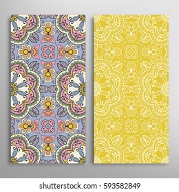 Vertical seamless patterns set, floral geometric lace texture for Wedding, Valentine's day, greeting cards or Birthday Invitations. Decorative seamless backgrounds. Ethnic ornament, border pattern