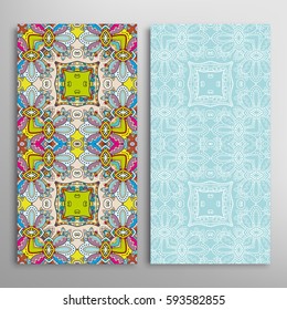 Vertical seamless patterns set, floral geometric lace texture for Wedding, Valentine's day, greeting cards or Birthday Invitations. Decorative seamless backgrounds. Ethnic ornament, border pattern