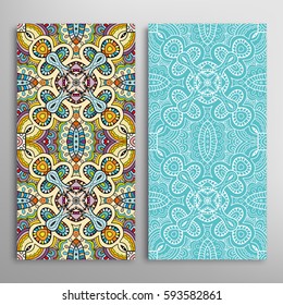 Vertical seamless patterns set, floral geometric lace texture for Wedding, Valentine's day, greeting cards or Birthday Invitations. Decorative seamless backgrounds. Ethnic ornament, border pattern