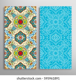 Vertical seamless patterns set, floral geometric lace texture for Wedding, Valentine's day, greeting cards or Birthday Invitations. Decorative seamless backgrounds. Ethnic ornament, border pattern