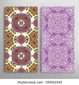 Vertical seamless patterns set, floral geometric lace texture for Wedding, Valentine's day, greeting cards or Birthday Invitations. Decorative seamless backgrounds. Ethnic ornament, border pattern